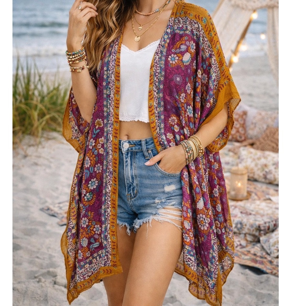 NATURAL LIFE Floral Kimono Cardigan - Purple & Mustard - Picture 2 of 8